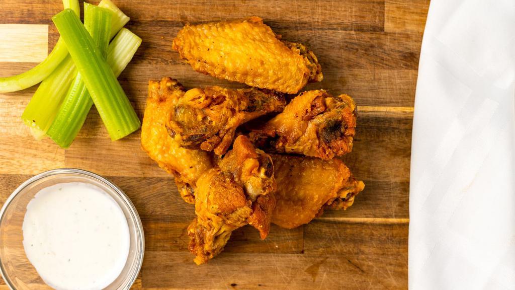 6 Wings · Buffalo, BBQ, lemon pepper or TKO served with ranch or bleu cheese.