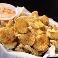 Fried Pickles · This southern staple gives you the crunch with a crinkle. Accompanied by ranch dipping sauce.