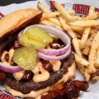 Lockjaw Burger · Our half-pound burger, topped with crispy cubes of brisket, drenched in flamin' BBQ sauce th...