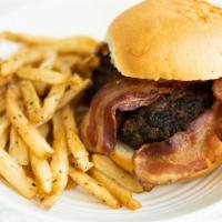 Smokey Bbq Bacon Burger · Our 1/2 lb seasoned beef patty slathered in our secret and sultry BBQ sauce and topped with ...