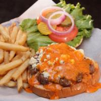 Saucy Blue Burger · Boom! Our 1/2 pound patty smothered with blue cheese and wing daddy's famous hot sauce will ...