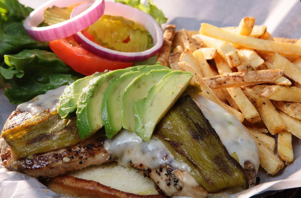 Southwest Chicken Sandwich · Go grilled and be guiltless! Our grilled chicken breast seasoned to perfection. Topped with fresh sliced avocado, hatch green chile, and swiss cheese.