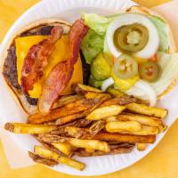 Bacon Cheeseburger · Includes lettuce tomatoes onion pickles and jalapenos. make it a meal by adding fries and yo...
