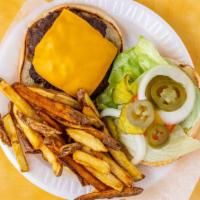 Cheeseburger · Includes lettuce tomatoes onion pickles and jalapenos. make it a meal by adding fries and yo...