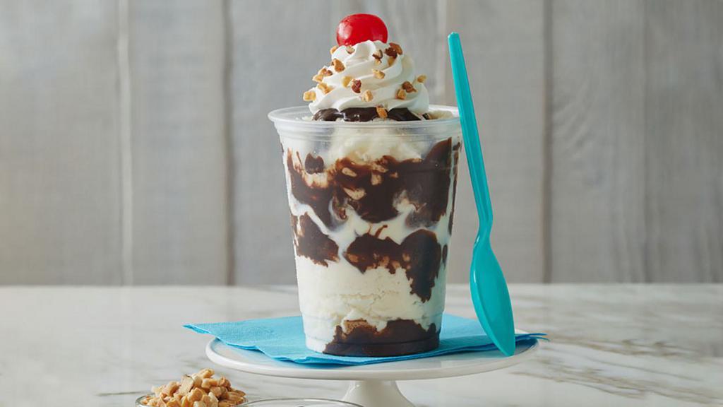 Sundae · Vanilla icecream with hot fudge, whipped cream, peanuts topped with a cherry.