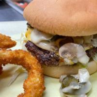 Big Island Burger  · Grilled onions, mushrooms,  jalapeño, American & Swiss cheese, lettuce, tomatoes, pickles, m...
