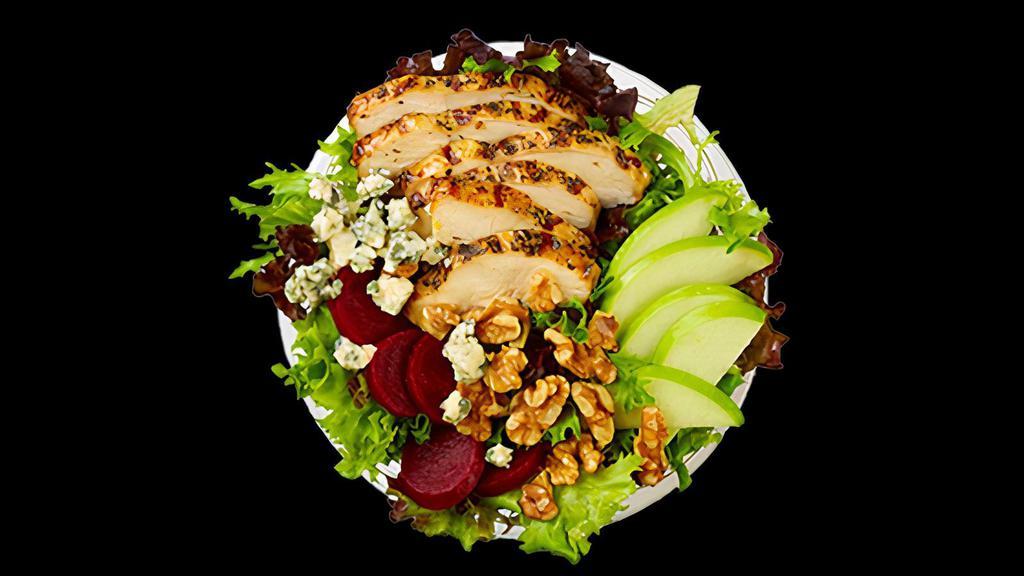 Washington State Bowl · Chicken, Apples, Crushed Walnuts, Beets, Bleu Cheese Crumbles, Arcadian Mix.. Recommended dressing is Champagne Vinaigrette.