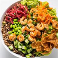 Shrimp & Sesame Bowl · Poached Shrimp, Grain Medley, Edamame, Carrots, Cucumbers, Green Onions, Pickled Red Onions,...