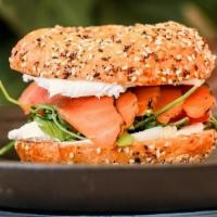 House Cured Lox + Bagel · everything bagel, heirloom tomato, whipped cream cheese