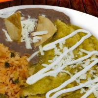 Enchiladas · Three rolled tortillas stuffed with chicken, covered with mole or green sauce with cheese an...