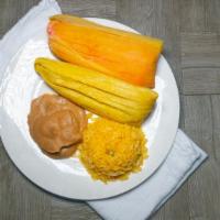 Combo 2 · This time we go a little higher with two tamales, along with their rice and bean contours th...
