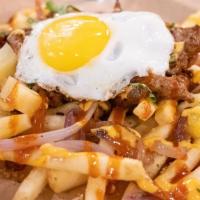 Nom Fries · Our version of loaded fries, you get to choose your protein, on top of french fries. it come...