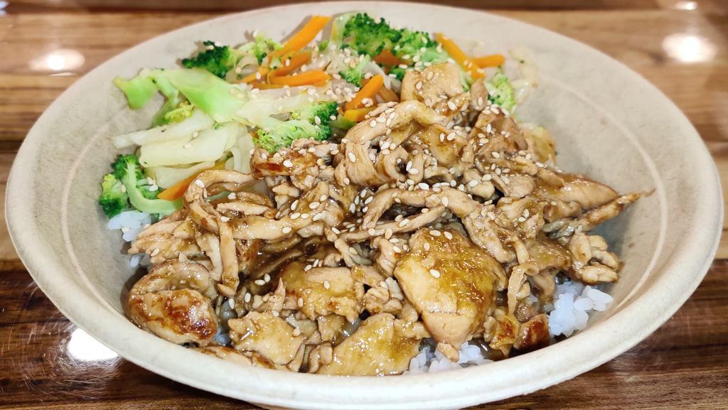 Chicken Teriyaki Bowl · Chicken tossed in teriyaki sauce with mixed veggies (brocolli, cabbage, &carrots) and a dash of sesame seeds