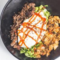 Rice Bowl · Jasmine rice, ez egg, grilled kimchi, chopped lettuce, and your choice of meat