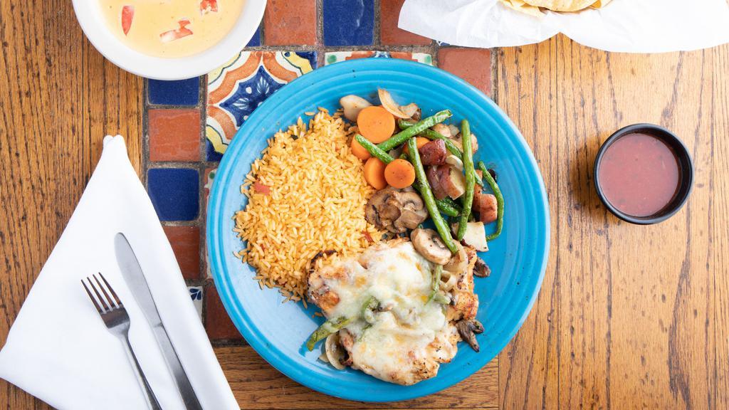 Chicken Monterey Lunch · Grilled chicken breast with onions, mushrooms, green peppers & jack cheese. With pico de gallo, rice & sautéed vegetables.