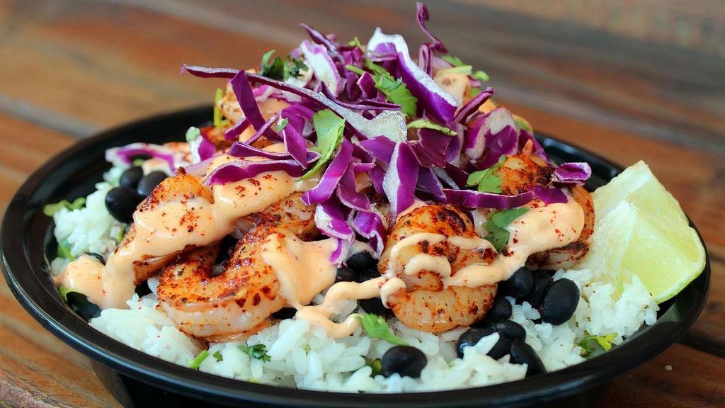 #8 Shrimp (Grilled) Bowl · Topped with grilled shrimp, baja sauce, red cabbage, cilantro..