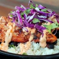 #7 Fish (Grilled) Bowl · Topped with grilled cod, baja sauce, red cabbage, cilantro.