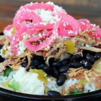 #2 Roasted Pork Bowl · Topped with smoked green chile pork, cotija cheese, pickled red onions.