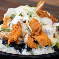 #10 Fried Chicken Bowl · Topped with hand battered chicken breast with jalapeno ranch, slaw and cilantro.