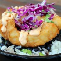 #7 Fish (Crispy) Bowl · Topped with tempura battered cod, baja sauce, red cabbage, cilantro.