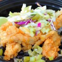 Southern Fried Chicken Bowl · Crispy hand-breaded chicken, diced dill pickles, house made BBQ honey mustard, and slaw.