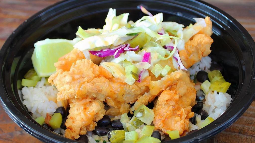 Southern Fried Chicken Bowl · Crispy hand-breaded chicken, diced dill pickles, house made BBQ honey mustard, and slaw.