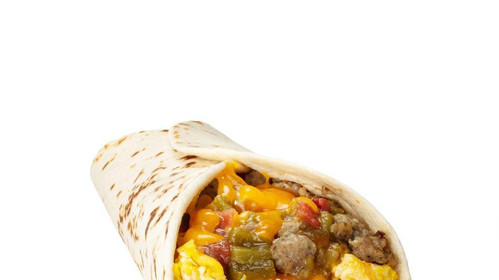 Sausage Burrito · Sausage, 2 Fresh Eggs, Hash Browns, Cheese & Choice of Chile