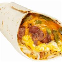 Meat And Bean Burrito · Bacon or Sausage, Beans, 2 Fresh Eggs, Hash Browns, Cheese & Choice of Chile