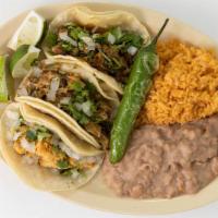 Taco Plate (Corn Tortilla) · comes with rice, beans & three tacos with meat of your preference
