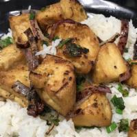 Salt-N-Pepper Tofu · PAN-SEARED TOFU COOKED TO PERFECTION WITH SALT AND PEPPER SERVED OVER STEAMED JASMINE RICE