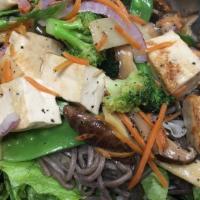 Teddies Noodles · ALL THE VEGGIES AND FRESH TOFU OVER A SOBA NOODLES, GREEN LEAF, CUCUMBERS, SPROUTS, CARROTS,...