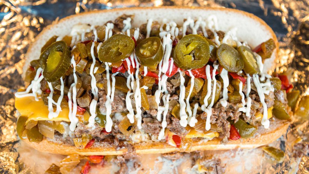 Spicy Pepper Cheesesteak · Spicy. Spicy steak, jalapeños, peppers, mayo, Swiss and American cheese.