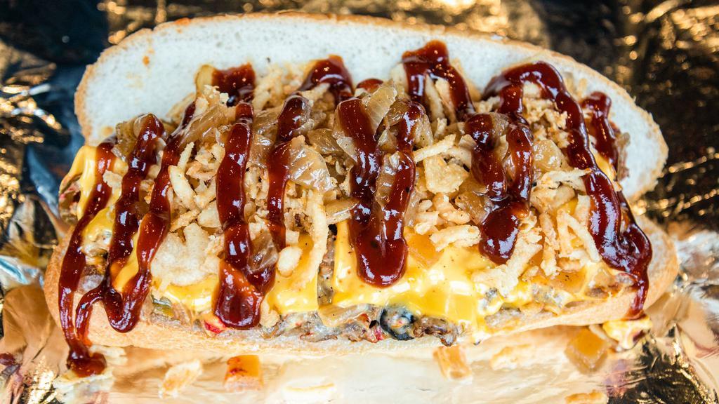 Bbq Cheesesteak · New. Grilled onions, BBQ chips, BBQ sauce, American cheese.