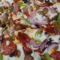 Mediterranean · Virgin olive oil, gyro meat, tomatoes, red onions, pepperoncini, feta cheese & mozzarella ch...