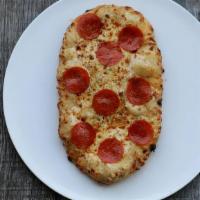 Pepperoni Cheesy Bread · Freshly baked bread, covered with melted shredded mozzarella cheese, garlic and topped with ...