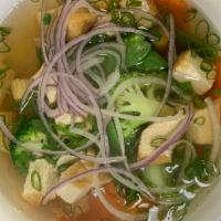 Vegetable Pho (Vegan) · Rice Noodle, tofu, broccoli, carrot,  baby corn, bok choy, with veggie broth