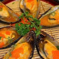 Grilled Mussels · 6 pieces baked mussels with cream cheese served with masago, ponzu.
