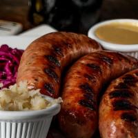 Bratwurst Sampler · Keto. Choice of three original bratwurst or specialty brats for an extra price, with spicy h...