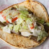 Beef & Lamb · Grilled Beef and Lamb with Onions, Lettuce, Tomatoes, and Tzatziki Sauce.