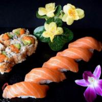 Salmon Combo · 5 pieces nigiri OR  5 sashimi and 1 salmon roll OR 1 spicy salmon roll.