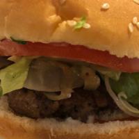 House Burger · Our take on hamburgers: perfectly grilled seasoned ground beef, lettuce, tomatoes, pickles, ...