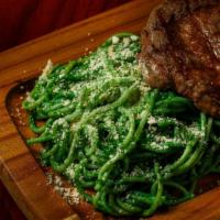 Tallarin Verde (Pesto Pasta) · Noodles served with a fresh basil and fresh milk and cheese comes with a Delicious 10 oz Rib...