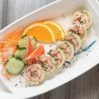 Kanisu · Crab, shrimp rolled in paper-thin cucumber with masago and avocado.