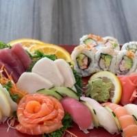 Sushi & Sashimi Combo · 12 pieces of sashimi, six pieces of sushi, and a California roll.