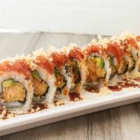 Patty Monkey · Shrimp tempura, avocado, asparagus, scallions, topped with spicy tuna, tempura flakes, and s...