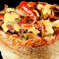 Philly Cheesesteak Crepe · Philly steak, steakhouse cheese sauce, mozzarella, mushrooms, onions and bell peppers.