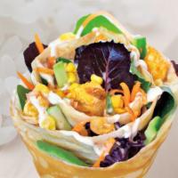 Chicken Thai Crepe · Choice of mild or spicy. Sliced chicken breast, mixed greens, cucumbers, carrots, cilantro T...