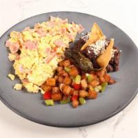 Pair Of Huevos  · Eggs (3) Serve w/Breakfast Potatoes + Refried Beans. You can add cheese or sausage, bacon, r...