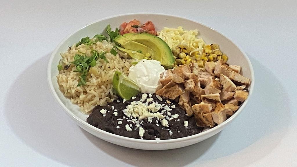 Burrito Bowl · Coconut lime rice, smoky black beans, grilled corn, jack cheese, avocado, pico de gallo, sour cream