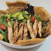 Navajo Chicken Salad · Grilled chicken, mixed greens, jicama slaw, grilled corn, smoky black beans, avocado, grille...